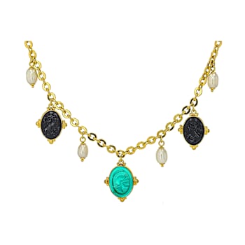 Venetian Glass Cameo And Pearl Charm Necklace In 18K Gold Over Sterling Silver