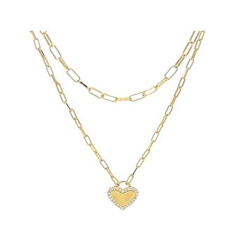 Heart Paperclip Pendant With CZ Necklace In 18k Gold Over Sterling Silver