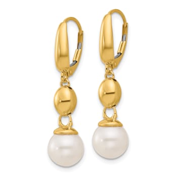 14K Yellow Gold Freshwater Cultured Pearl and Bead Leverback Dangle Earrings