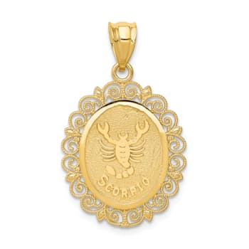 14k Yellow Gold Solid Satin, Polished and Textured Scorpio Zodiac Oval Pendant