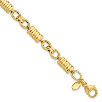 14K Yellow Gold Polished and Grooved Fancy Link Men's Bracelet