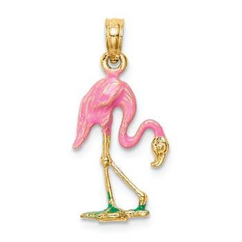 14k Yellow Gold Pink and Green Enameled Flamingo Pendant