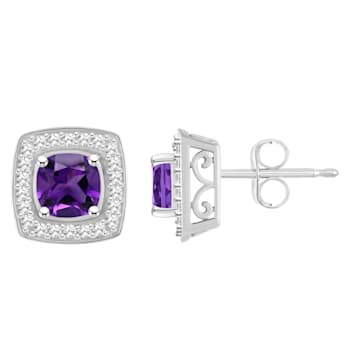 5mm Cushion Amethyst 1/5 ctw Diamond Rhodium Over Sterling Silver Halo
Stud Earrings
