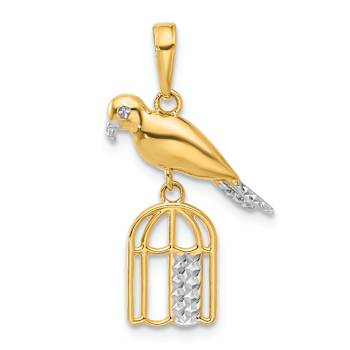 14k Two-tone Gold Diamond-cut Bird on Bird Cage Pendant