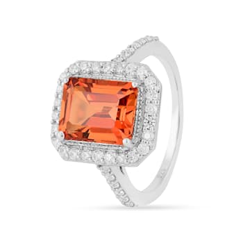 Peach Orange Lab Created Padparadscha Sapphire & Moissanite Rhodium
Over Silver Halo Ring