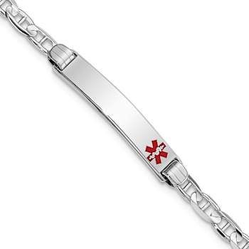 Rhodium Over 14k White Gold Medical Red Enamel Mariner Link ID Bracelet