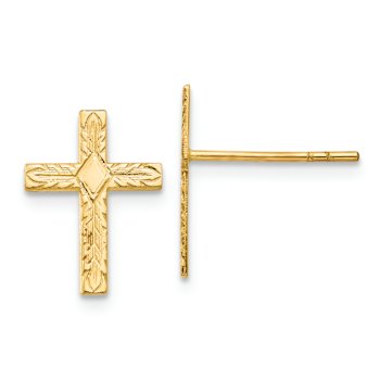 14k Yellow Gold Polished and Textured Cross Stud Earrings