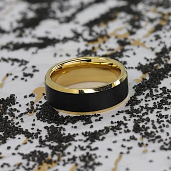 GASTON Gold Plated Tungsten Polished Beveled Ring with Brushed Black
Center 6mm