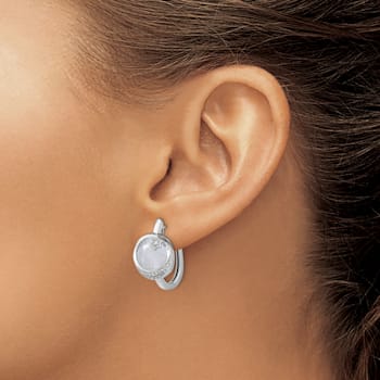 Rhodium Over 14k White Gold Moon and Star Hinged Hoop Earrings with
Moonstone and Diamonds