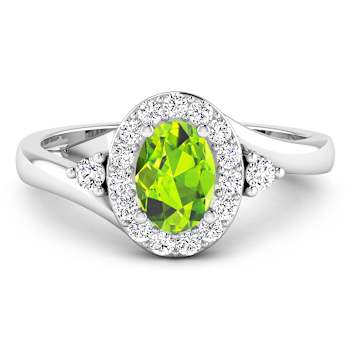 Oval Green Peridot and Diamond 14K White Gold Halo Ring 0.9 ctw