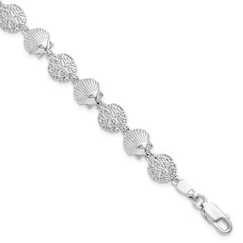 Rhodium Over Sterling Silver Polished Sand Dollar and Shell Bracelet