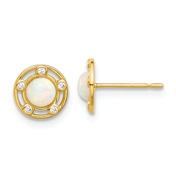 14k Yellow Gold Polished Lab Created Opal and Cubic Zirconia 7.5mm Stud Earrings