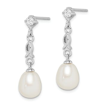 Rhodium Over Sterling Silver  7-8mm White Rice Freshwater Cultured Pearl
Cubic Zirconia Earrings