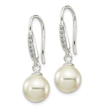Rhodium Over Sterling Silver 7-8mm Shell Pearl and CZ Dangle Earrings