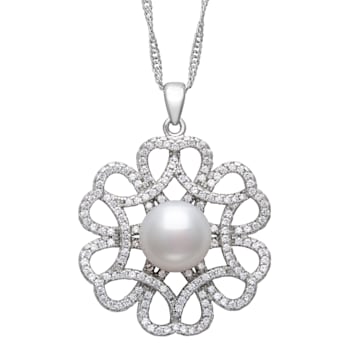Sterling Silver Freshwater Pearl and Cubic Zirconia Pendant
