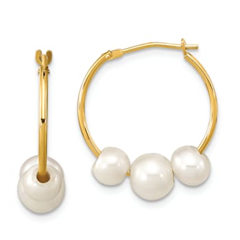 14K Yellow Gold 13/16" Round White Freshwater Cultured Pearl Hoop Earrings