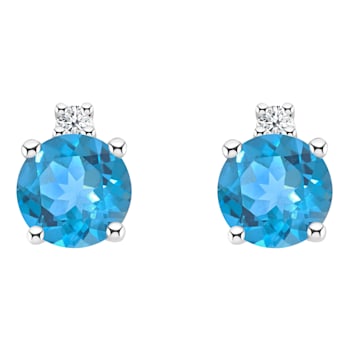 4mm Round Blue Topaz with Diamond Accents 14k White Gold Stud Earrings