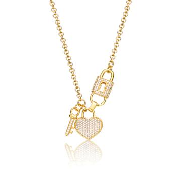 CZ Pave Heart Padlock And Key Charm Necklace In 14K Gold Over Sterling Silver