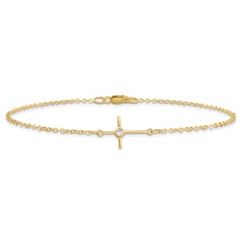 14K Yellow Gold Polished CZ Cross Anklet