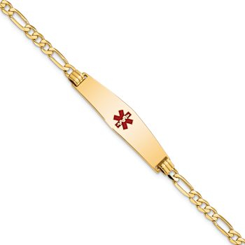 14k Yellow Gold Medical Soft Diamond Shape Red Enamel Flat Figaro Link
ID Bracelet