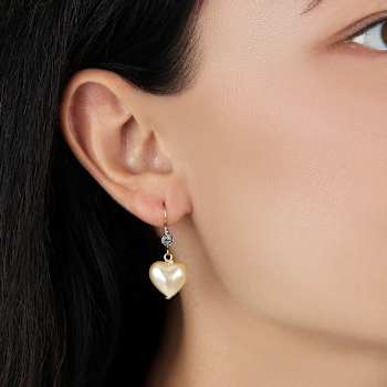 Gold Tone Heart Shaped Faux Pearl Clear Crystal Wire Earrings