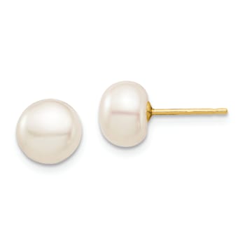 14k Yellow Gold 7.32mm White Button Freshwater Cultured Pearl Stud Earrings