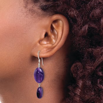 Sterling Silver Polished Amethyst and Dark Purple Jadeite Oval Dangle Earrings