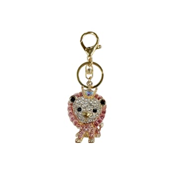 Gold Tone Pink and Clear Crystal Lion Key Chain