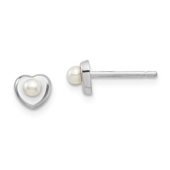 Rhodium Over 14k White Gold Children's White Button Freshwater Cultured
Pearl Heart Stud Earrings