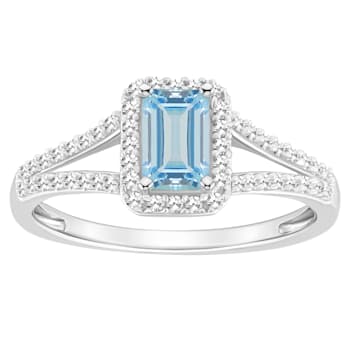 6x4mm Emerald Cut Aquamarine 1/4 ctw Diamond Rhodium Over Sterling
Silver Halo Ring