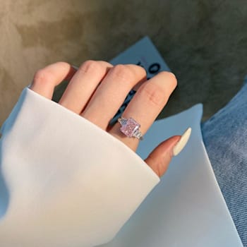 Radiant Cut Pink CZ and Baguette White Cubic Zirconia Sterling Silver Ring