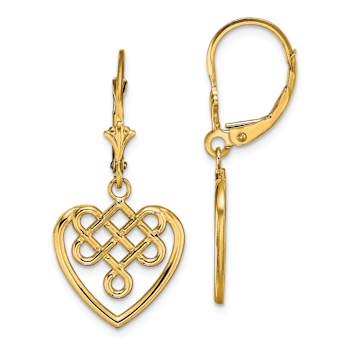 14k Yellow Gold Celtic Knot Heart Dangle Earrings