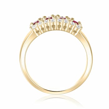 Oval Ruby and Round Moissanite 14K Yellow Gold Over Sterling Silver Wide
Band Ring