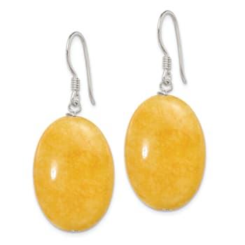 Sterling Silver Polished Yellow Jadeite Oval Dangle Earrings