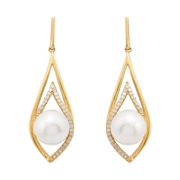 8-8.5mm Round White Freshwater Pearl with 0.17ctw Diamond 10K Yellow
Gold Drop Earrings