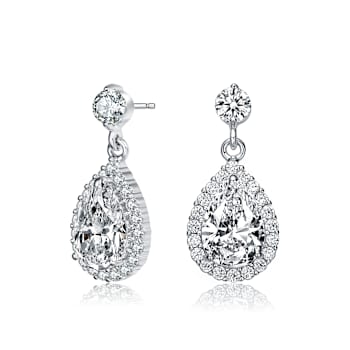 Pear Shape CZ Halo Drop Earrings In Sterling Silver