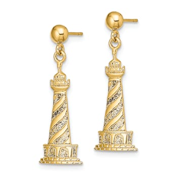 14K Yellow Gold Textured Cape Hatteras Lighthouse Dangle Earrings