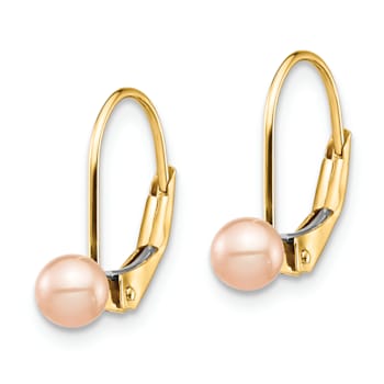 14k Yellow Gold 4-5mm Pink Round Freshwater Cultured Pearl Earrings
