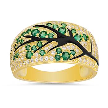 Green And White Cubic Zirconia With Black Enamel 14k YG Over Silver Tree
Of Life Ring 1.05ctw
