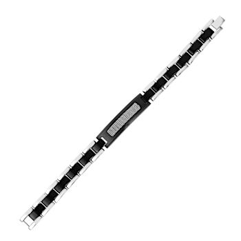 Mens Stainless Steel, Black Leather and Carbon Fiber Link Bracelet