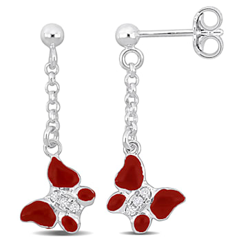 Children's Cubic Zirconia Red Enamel Butterfly Drop Earrings in Sterling Silver