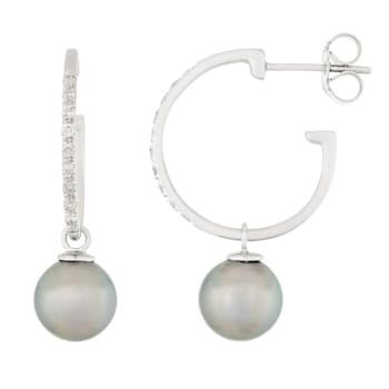 Black Cultured Tahitian Pearl 14k White Gold Earrings 9-9.5mm