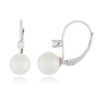14k White Gold Leverback Earring with 7mm Freshwater Pearl and .10CT DTW