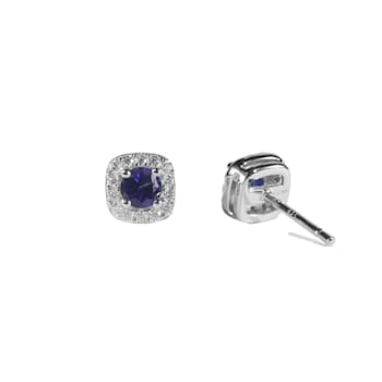 Blue Sapphire with Moissanite Sterling Silver Halo Stud Earrings