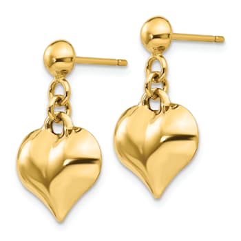 14k Yellow Gold Polished Puffed Heart Dangle Earrings