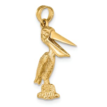 14k Yellow Gold Textured Standing Pelican with Moveable Mouth Pendant