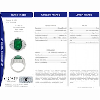 Oval Green Emerald and White Diamond Platinum Ring. 10.10 CTW