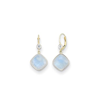 14K Yellow Gold White Topaz and Moonstone Leverback Dangle Earrings