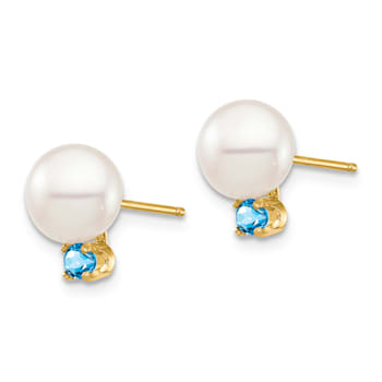 14K Yellow Gold 7-7.5mm White Round Freshwater Cultured Pearl Swiss Blue
Topaz Post Earrings