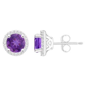 6mm Round Amethyst 1/5 ctw Diamond Rhodium Over Sterling Silver Halo
Stud Earrings